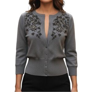 NWT Talbots Classic Gray Silk Blend Plunging Floral Beaded Buttons Cardigan